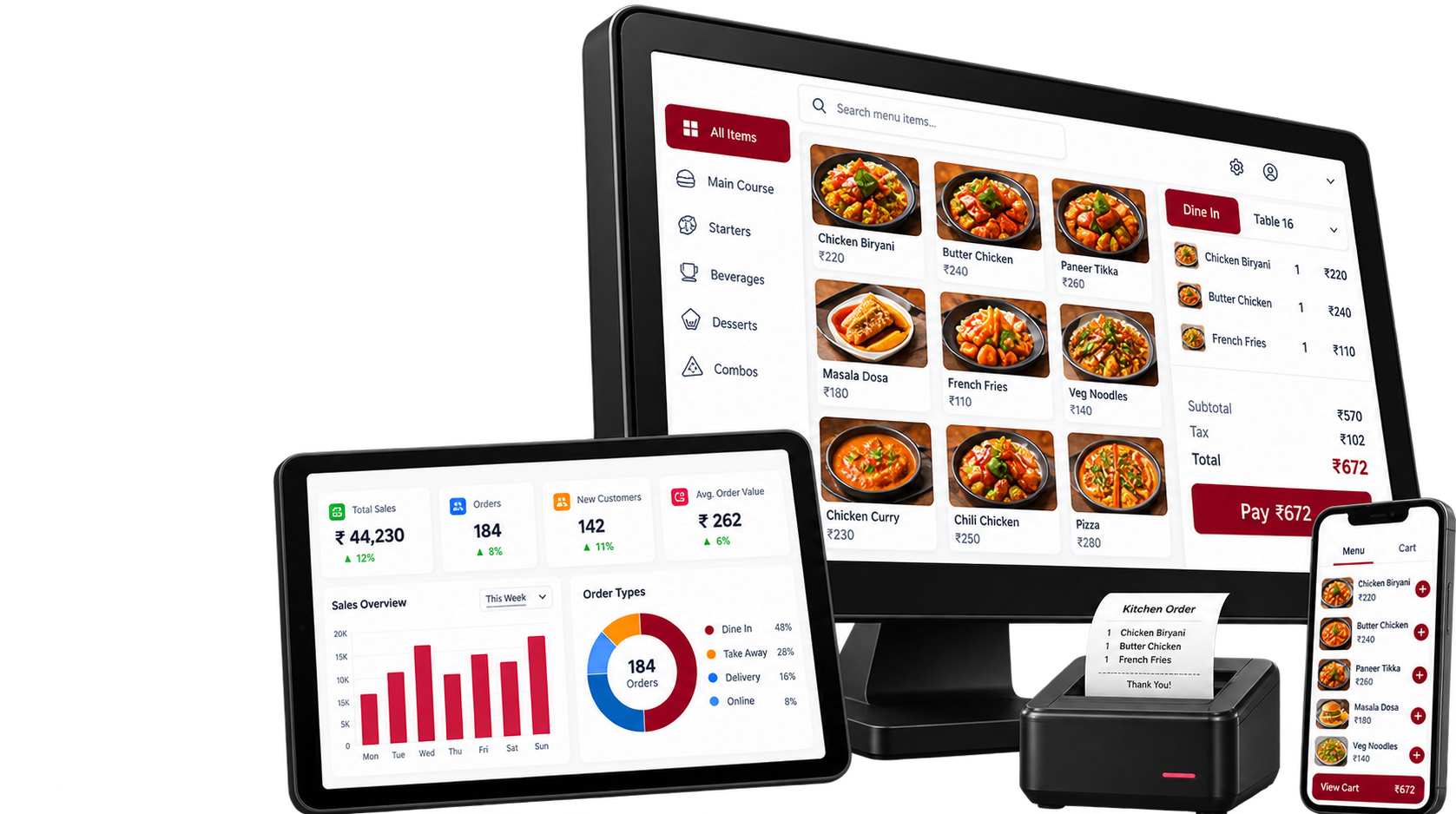 Restaurant POS on a desktop, tablet, printer and phone